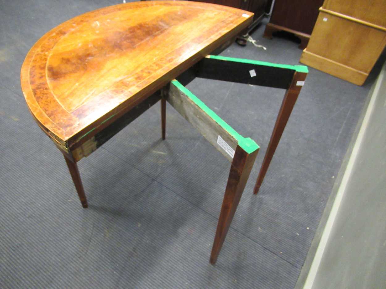 A George III style mahogany and thuya banded demi-lune games table, late 20th century, - Image 2 of 5