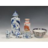 A group of mainly Chinese porcelain, including a caddy and slender neck vase, tallest 28cm highChips