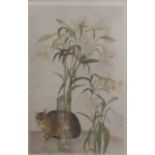 Elizabeth Blackadder, Abyssinian Cat and Lilies, offset lithograph, facsimile signed and dated, 70.5