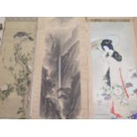A collection of Japanese scrolls depicting maidens in traditional dress, landscapes, birds, blossoms