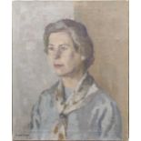 Howard Roberts (1922-2001), quarter-length portrait of a woman in blue, possibly the late Queen,