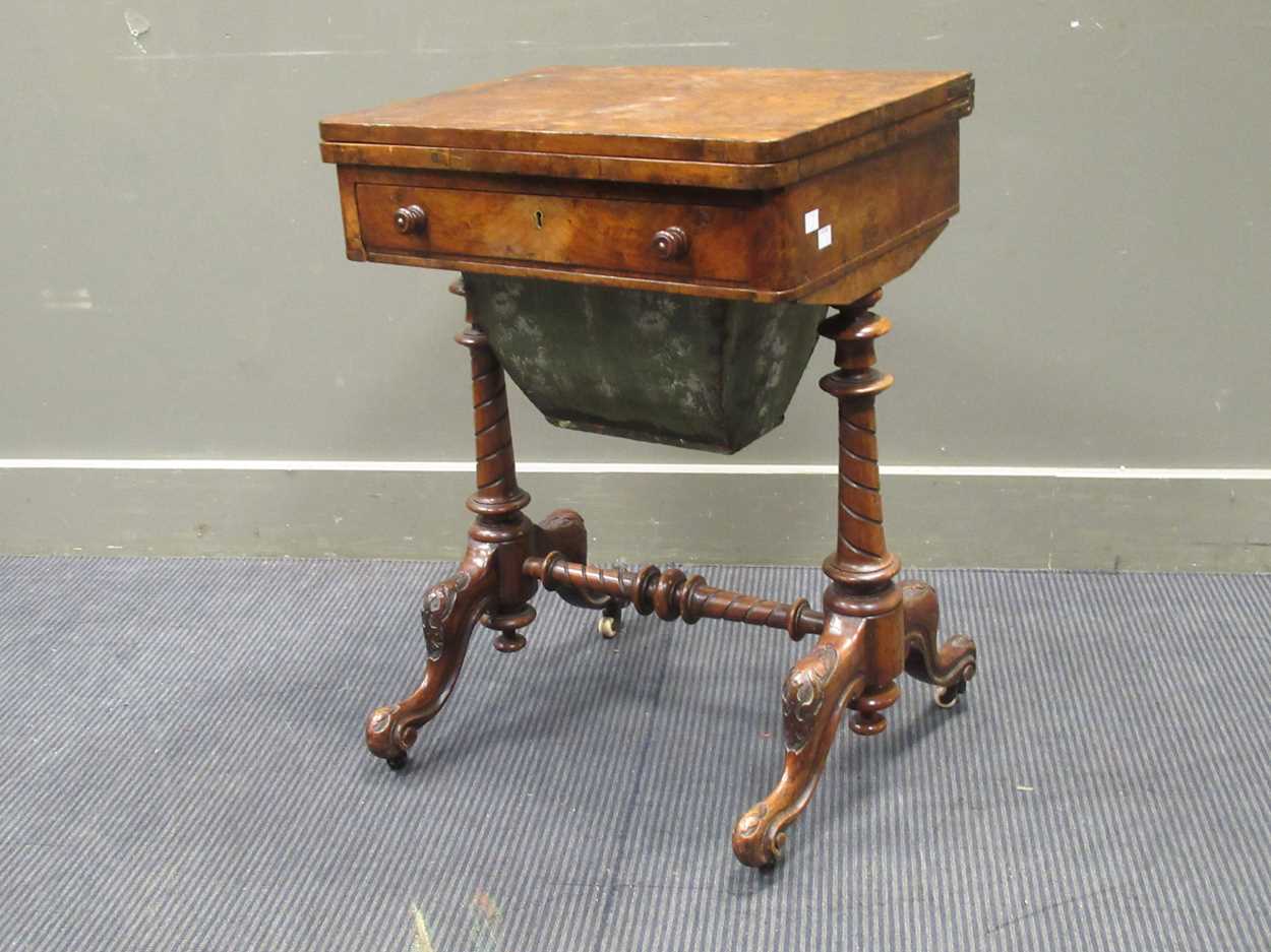 A Victorian walnut inlaid fold over games table, the fold over top enclosing an inlaid backgammon - Image 7 of 7