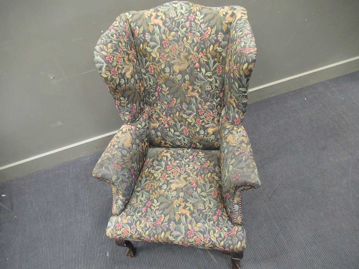 A wingback armchair upholstered in William Morris style fabric on cabriole front legs - Image 4 of 4