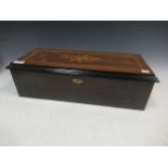 A Victorian rosewood case music box playing eight airs with crank wind mechanism 28cm cylinder, 52cm