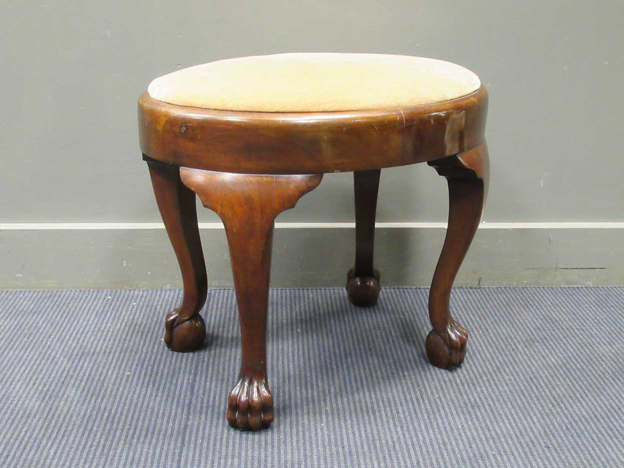 A George II style oval mahogany frame stool with drop in seat on ball and claw feet, 53 x 60 x 45cm - Image 5 of 5