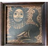 A painted tile of a lion in the manner of Picasso, 19.5 x 18.5cm framed; together with Maneki-Neko