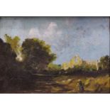 Follower of Théophile de BockWooded landscape with figures haymaking, a ruined abbey beyondoil on