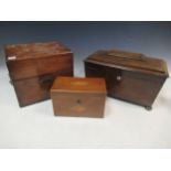 A 19th century rosewood sarcophagus tea caddy, 21 x 33 x19cm; together with a small shell inlaid tea
