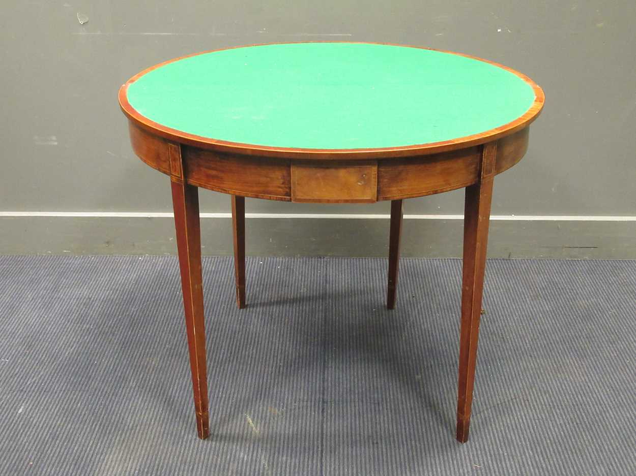 A George III style mahogany and thuya banded demi-lune games table, late 20th century, - Image 4 of 5