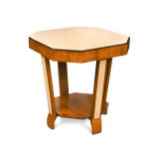 An Art Deco period walnut and peach glass occasional table,