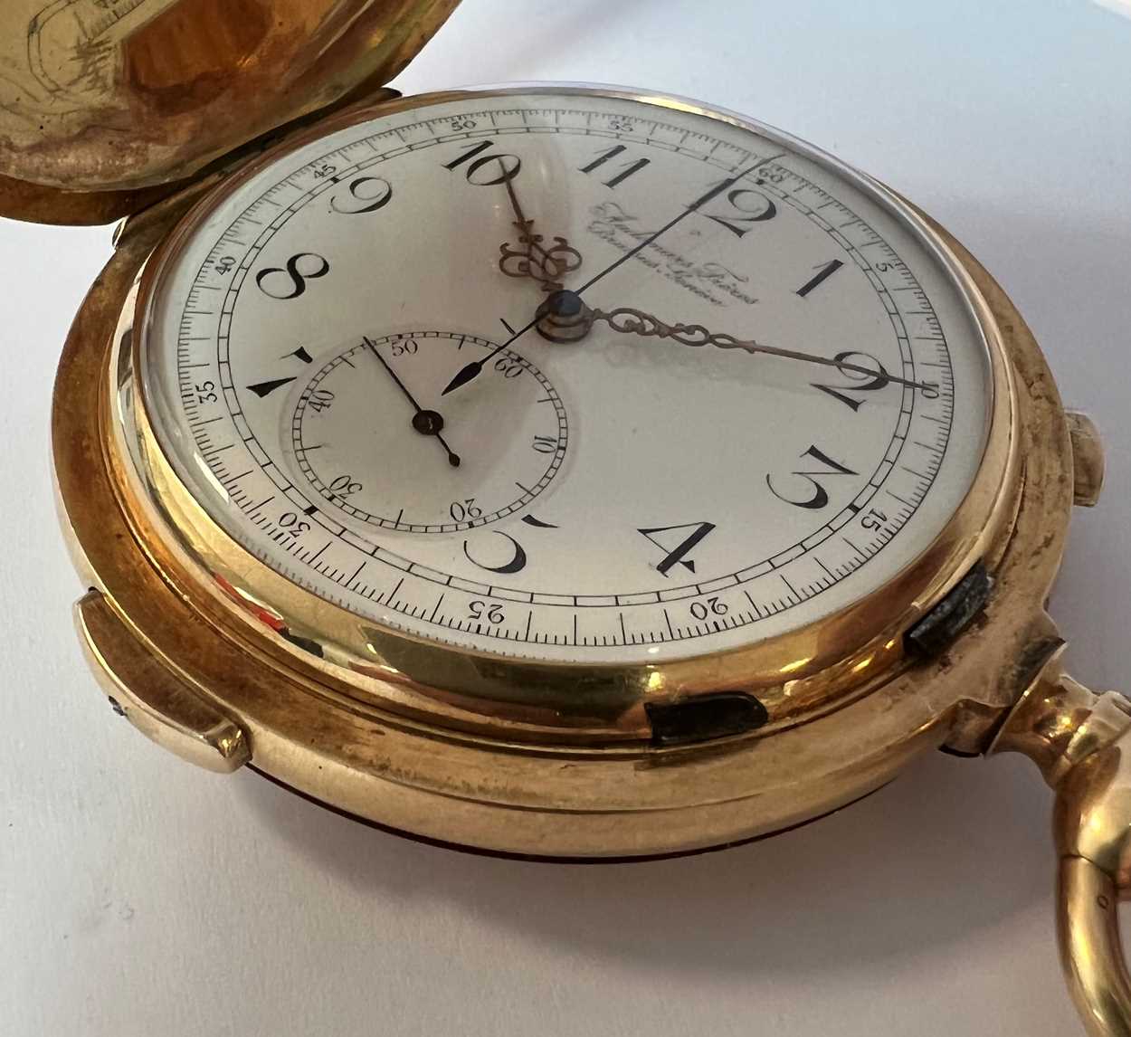 Audemars Frères, Genève - A Swiss 14ct gold quarter repeating chronograph full hunter pocket watch, - Image 7 of 10