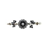 A Victorian pearl and diamond floral bar brooch,