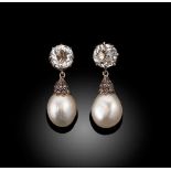 A pair of natural pearl and diamond ear pendants,
