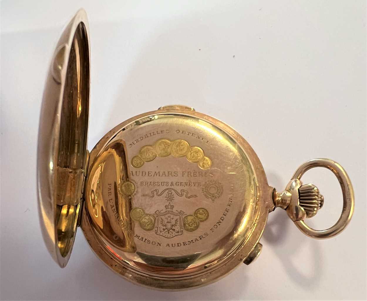 Audemars Frères, Genève - A Swiss 14ct gold quarter repeating chronograph full hunter pocket watch, - Image 8 of 10