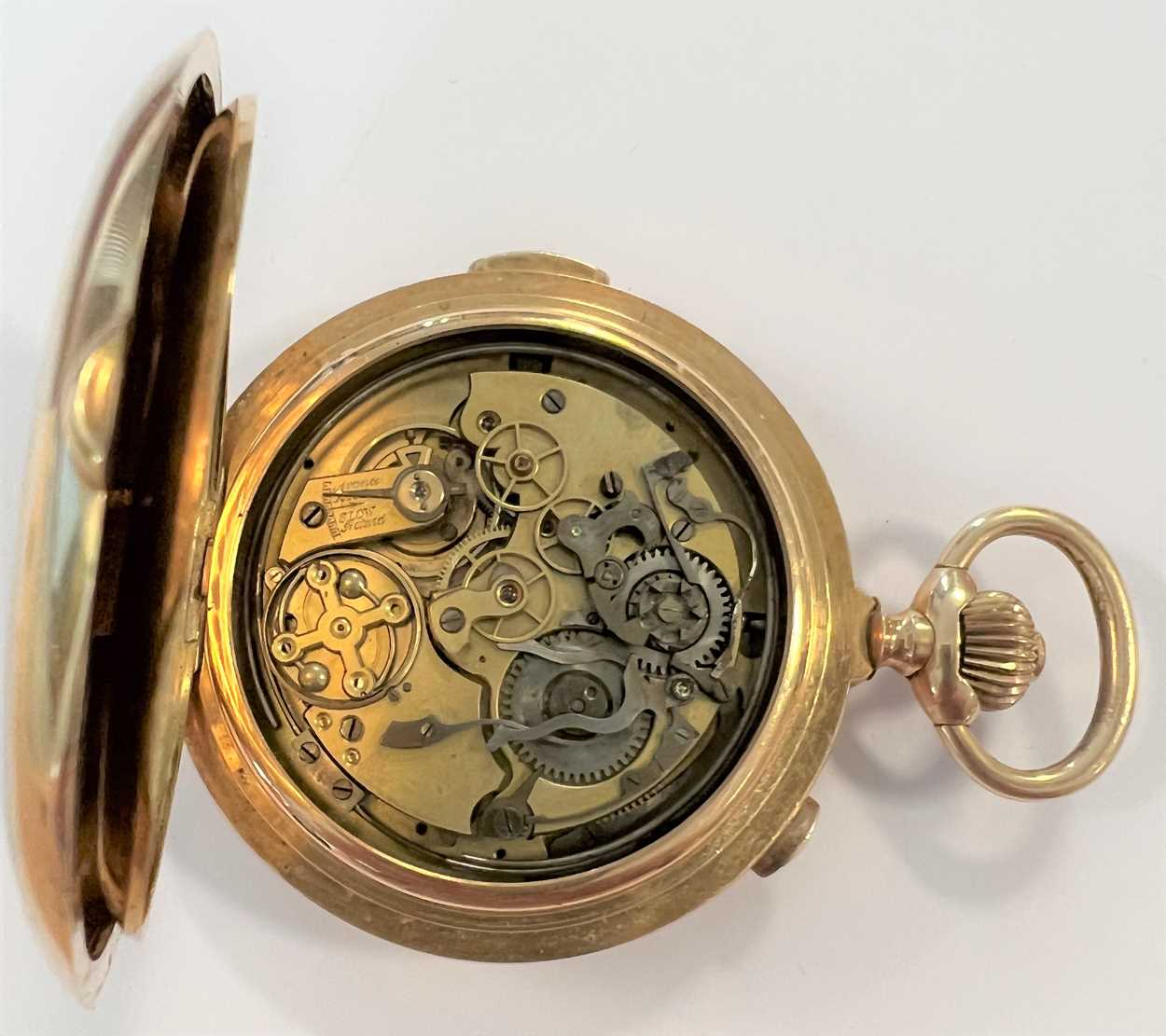 Audemars Frères, Genève - A Swiss 14ct gold quarter repeating chronograph full hunter pocket watch, - Image 9 of 10