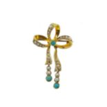 A split pearl and turquoise bow brooch,