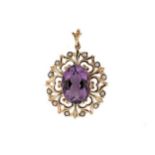 A mid 20th century amethyst and split pearl pendant,