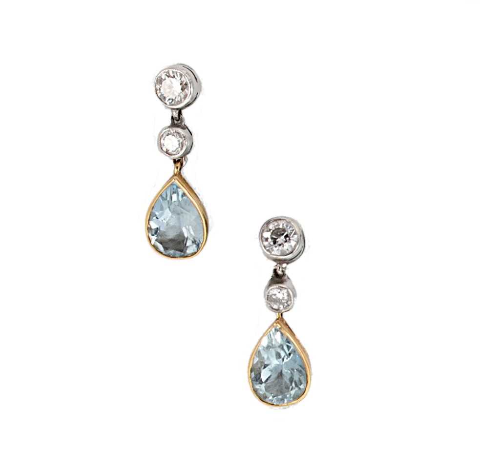 A pair of modern aquamarine and diamond ear pendants,