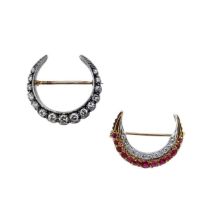 Two gem set crescent brooches,