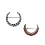 Two gem set crescent brooches,