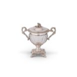 A mid 19th century French metalwares silver mounted two handled sugar vase and cover,
