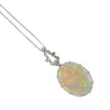 An opal and diamond pendant and chain,