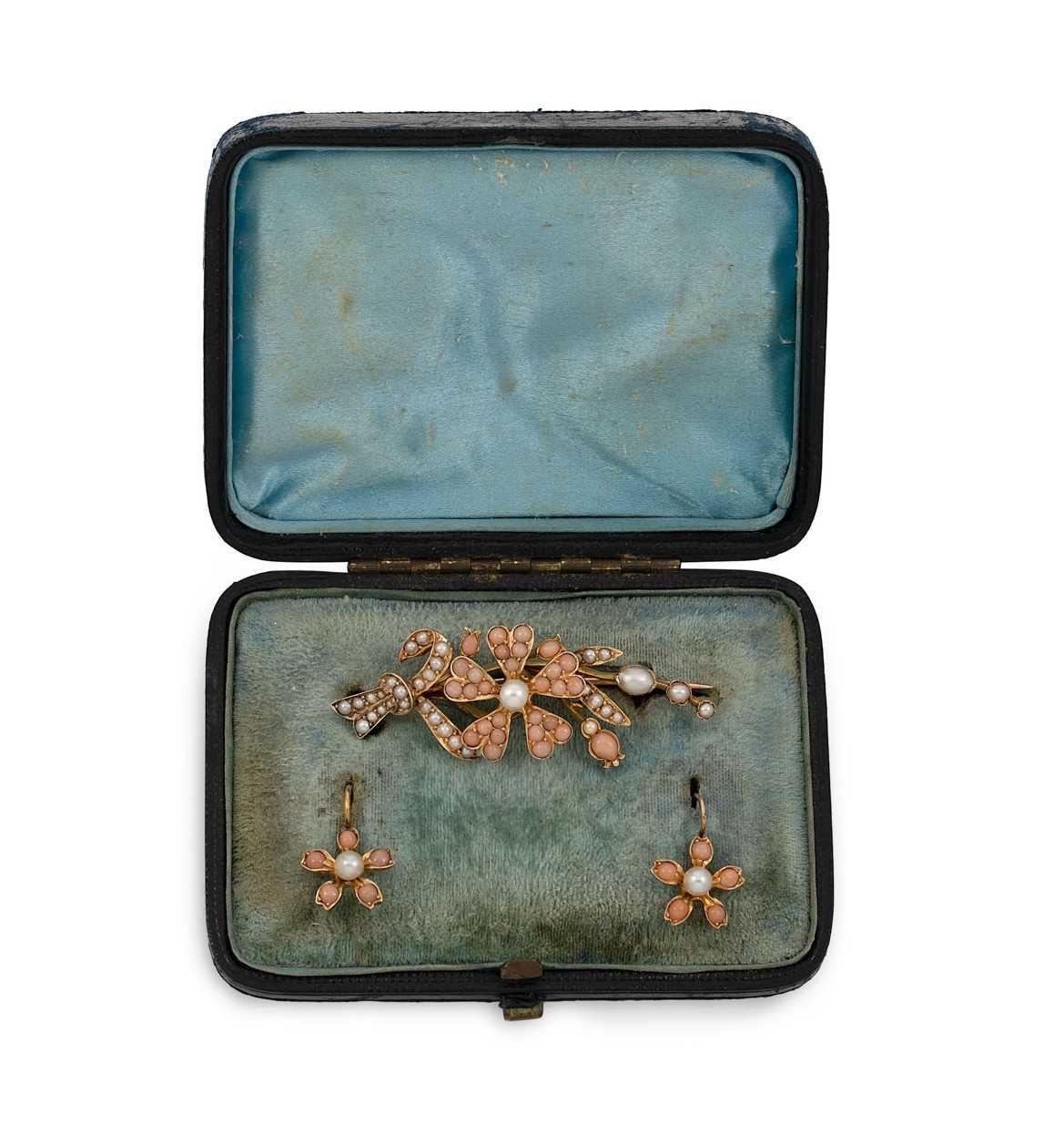 A pearl and coral brooch and ear pendant suite,