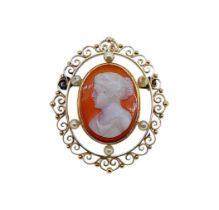 A hardstone cameo and pearl brooch,