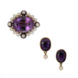 An amethyst and split pearl brooch, together with a pair of ear pendants,