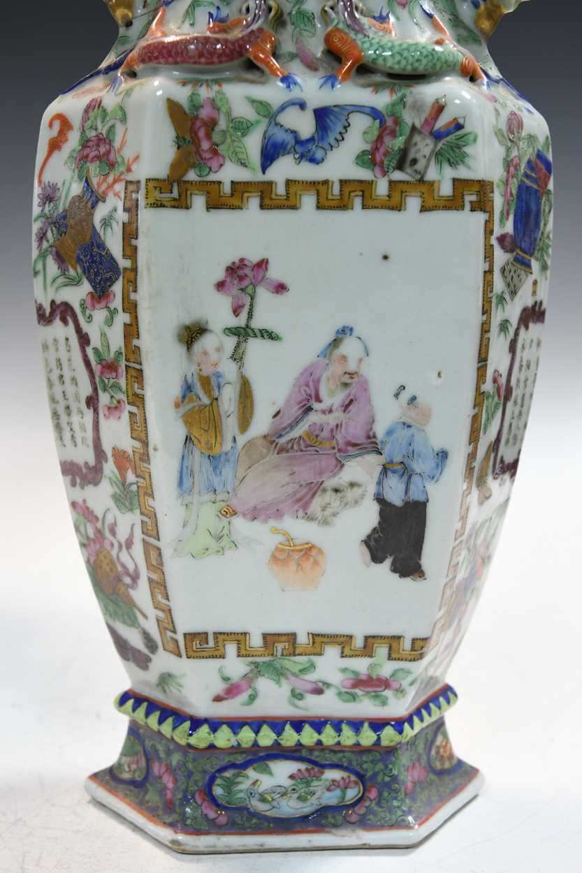 A pair of Chinese famille rose porcelain hexagonal vases, - Image 3 of 14