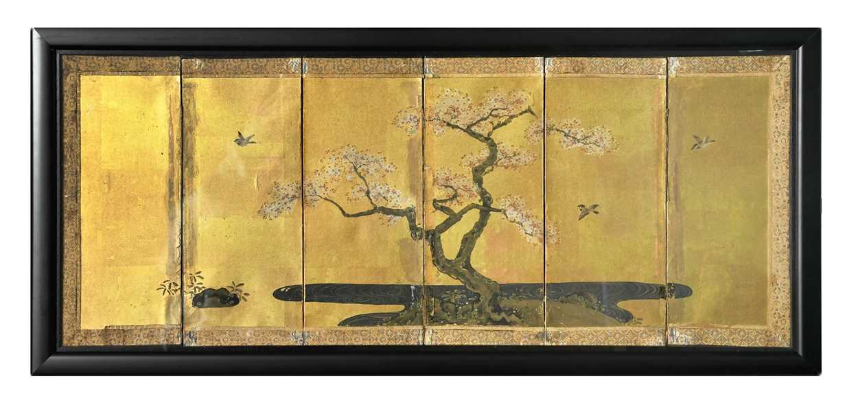 A pair of Japanese gold lacquered and painted six-fold table screens, late Meiji period, - Image 2 of 16