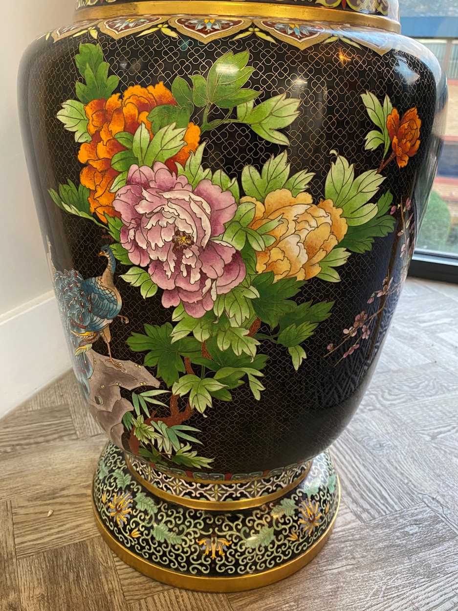 A large pair of Chinese cloisonne floral baluster vases, late 20th century, - Image 7 of 12