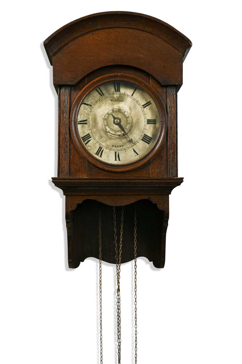 An oak cased hooded pantry clock with alarm by Whitehurst, Derby, mid 19th century,