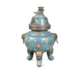 A Chinese cloisonné tripod censer and cover, late Qing Dynasty,
