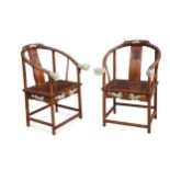 A pair of jadeite inlaid horseshoe back chairs in Ming style, Republic Period,