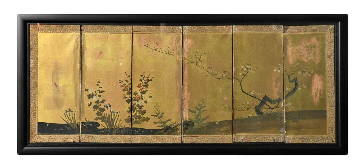 A pair of Japanese gold lacquered and painted six-fold table screens, late Meiji period, - Image 9 of 16