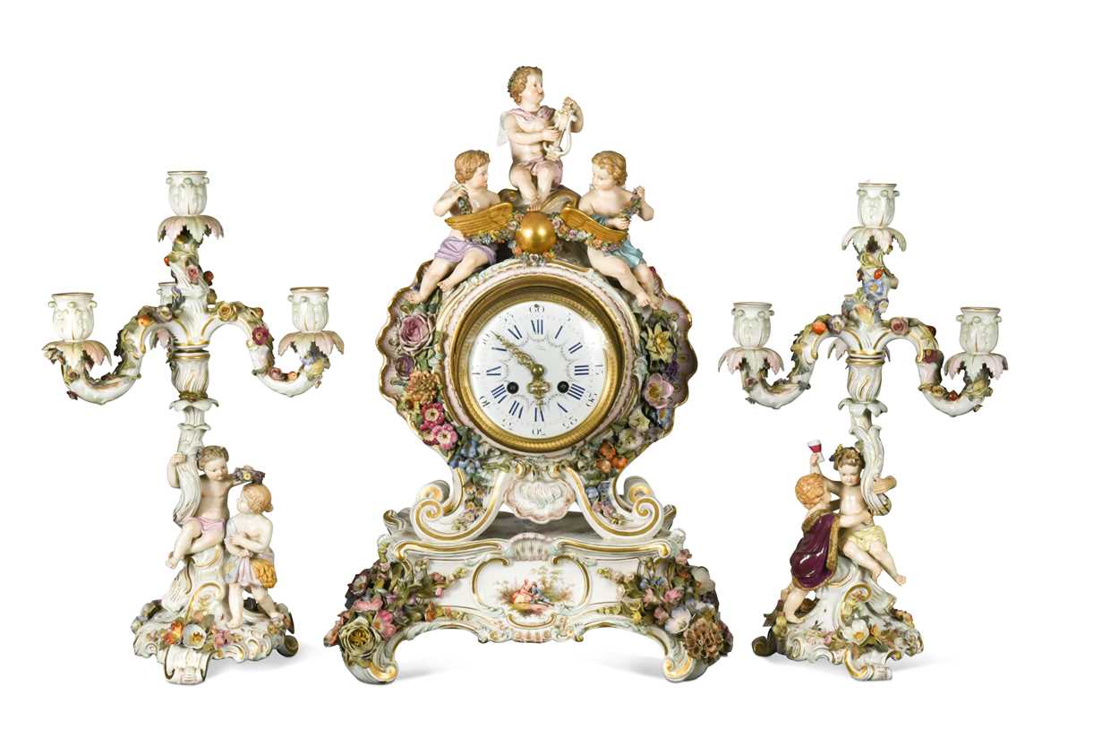 A Meissen porcelain clock garniture, late 19th century,