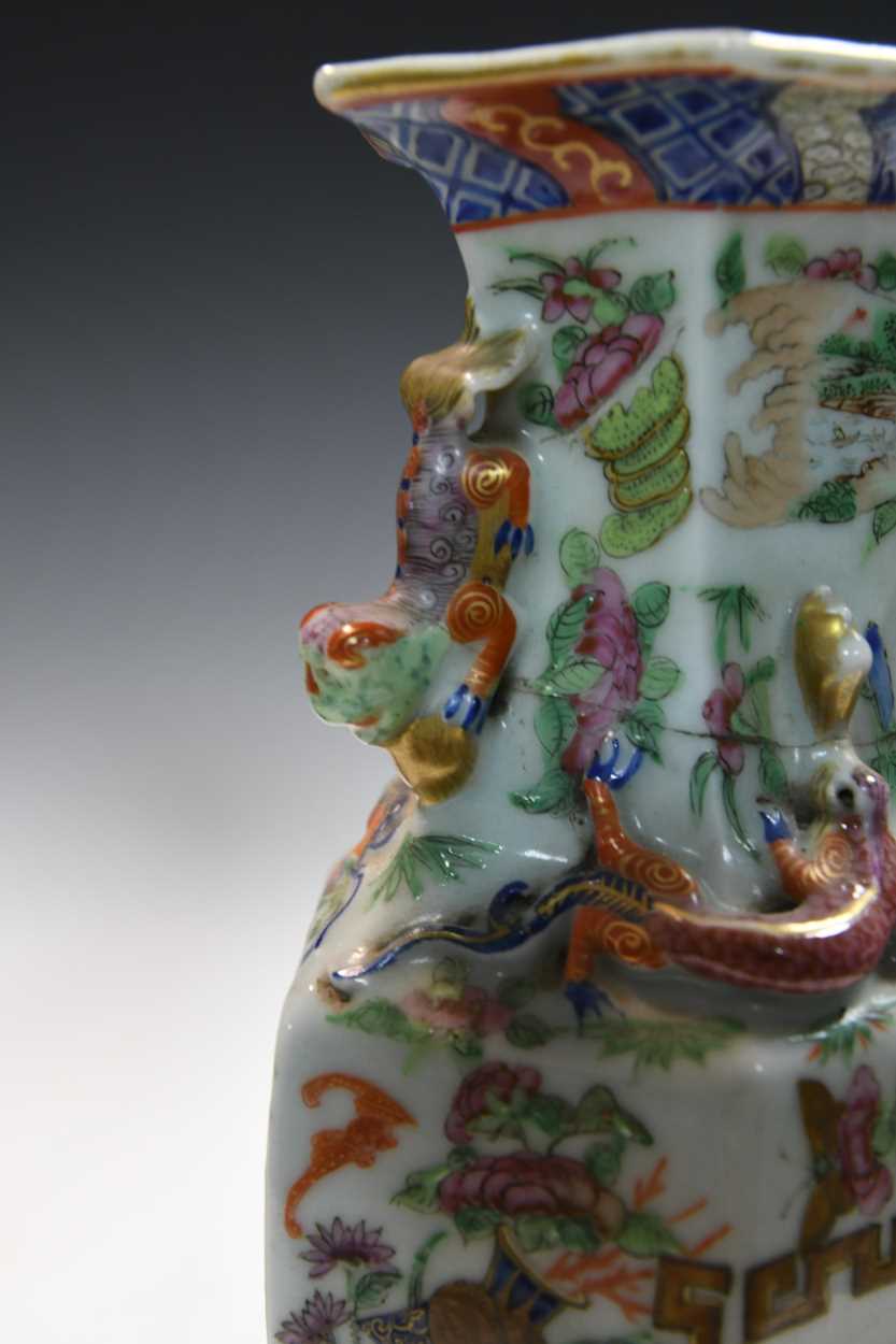 A pair of Chinese famille rose porcelain hexagonal vases, - Image 6 of 14