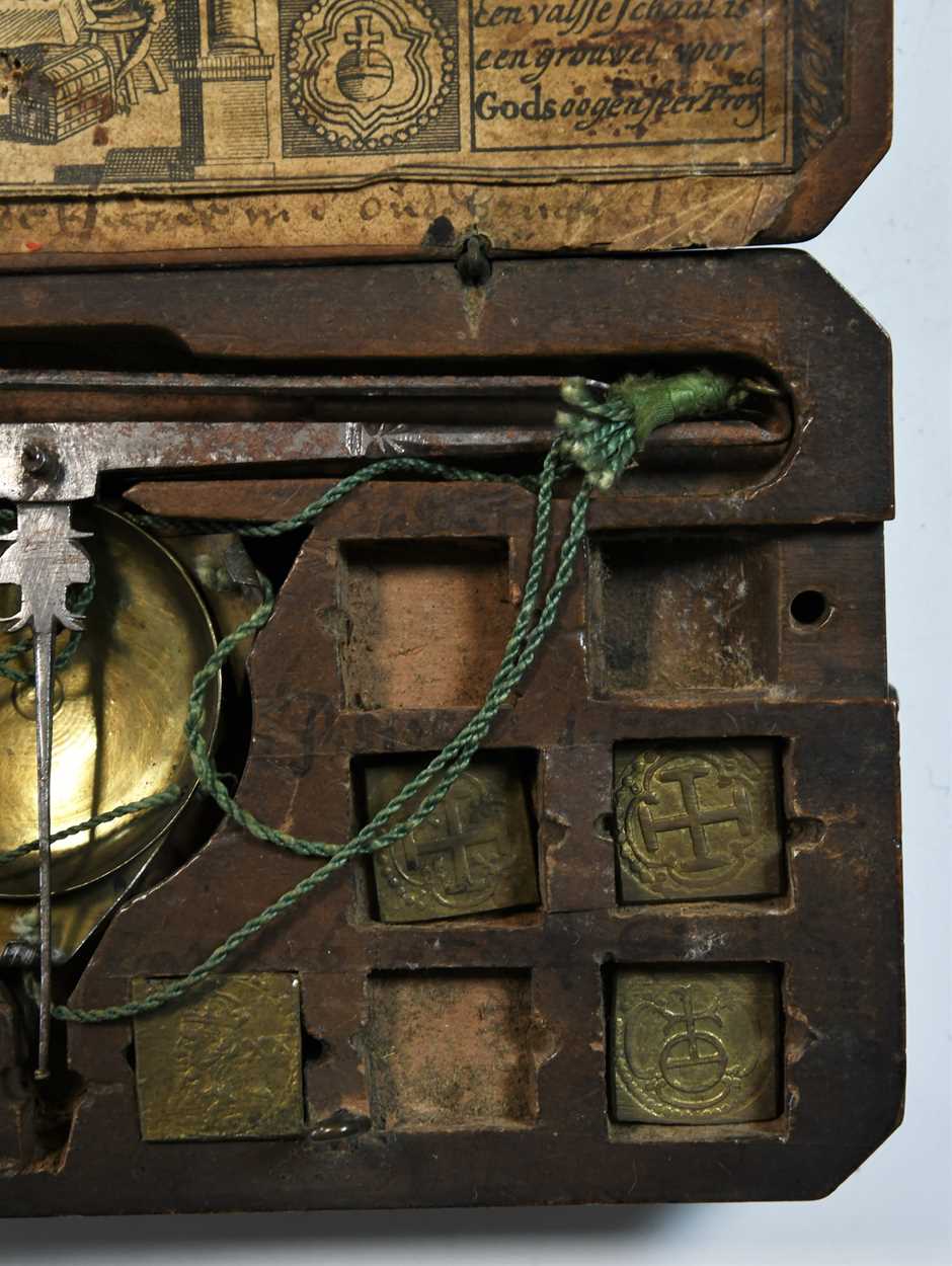 A Dutch fruitwood case of coin scales and seven brass weights, probably early 18th century, - Image 6 of 8