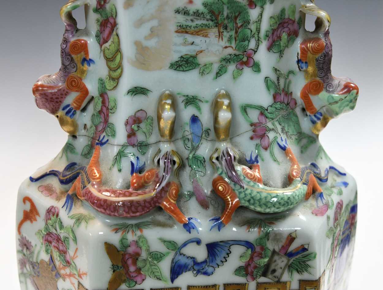 A pair of Chinese famille rose porcelain hexagonal vases, - Image 2 of 14