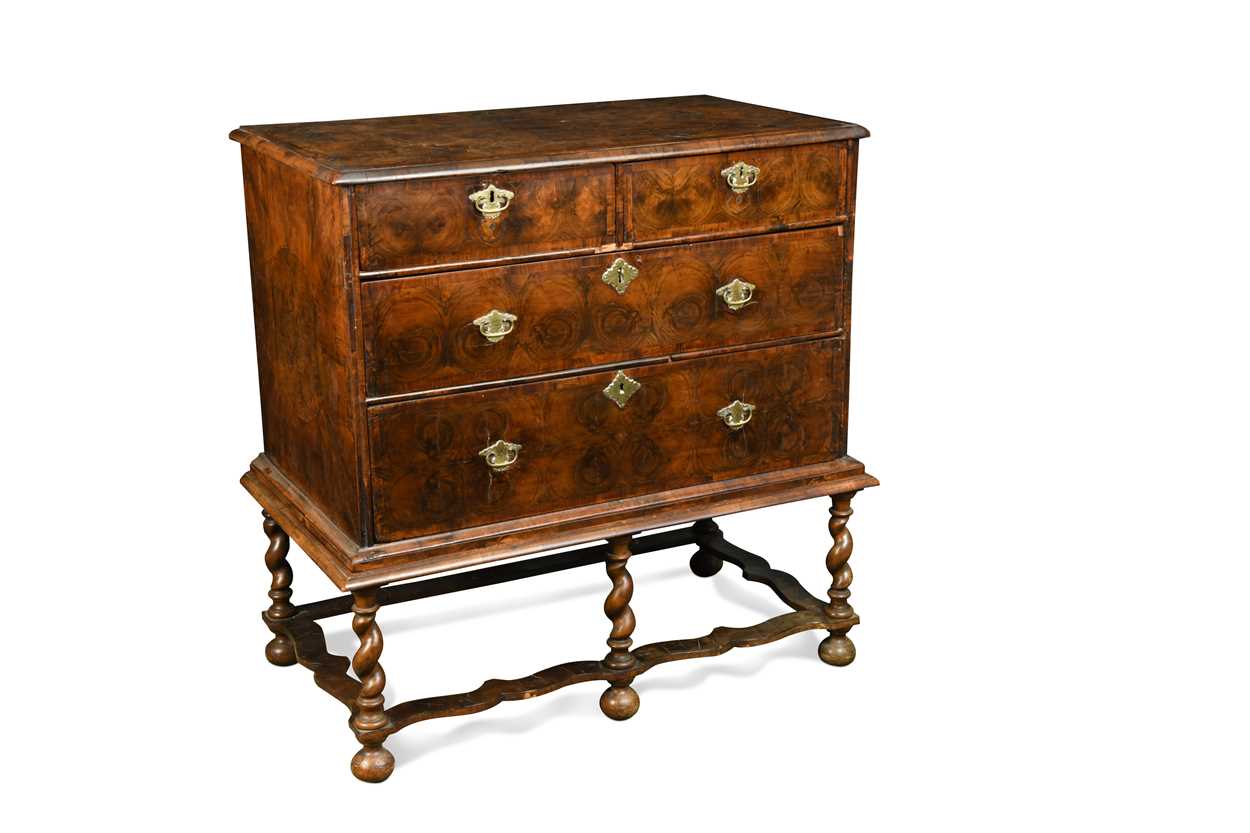 A Queen Anne and later oyster veneered walnut chest on stand,