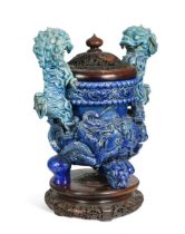 A Chinese blue-glazed Fahua two-handled censer, probably late Ming Dynasty, 16th century,
