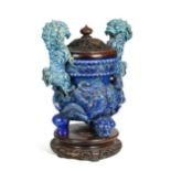 A Chinese blue-glazed Fahua two-handled censer, probably late Ming Dynasty, 16th century,