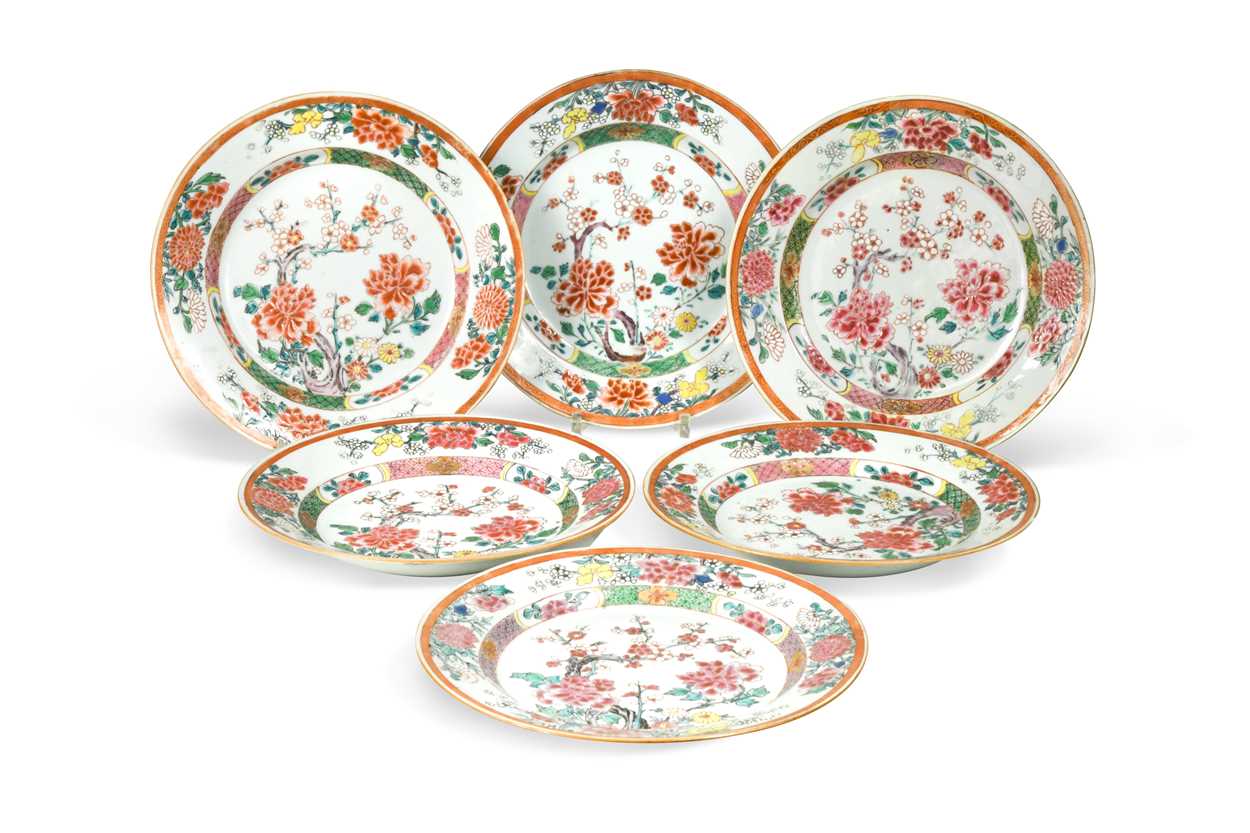 A set of six Chinese famille rose porcelain plates, Qianlong circa 1740,