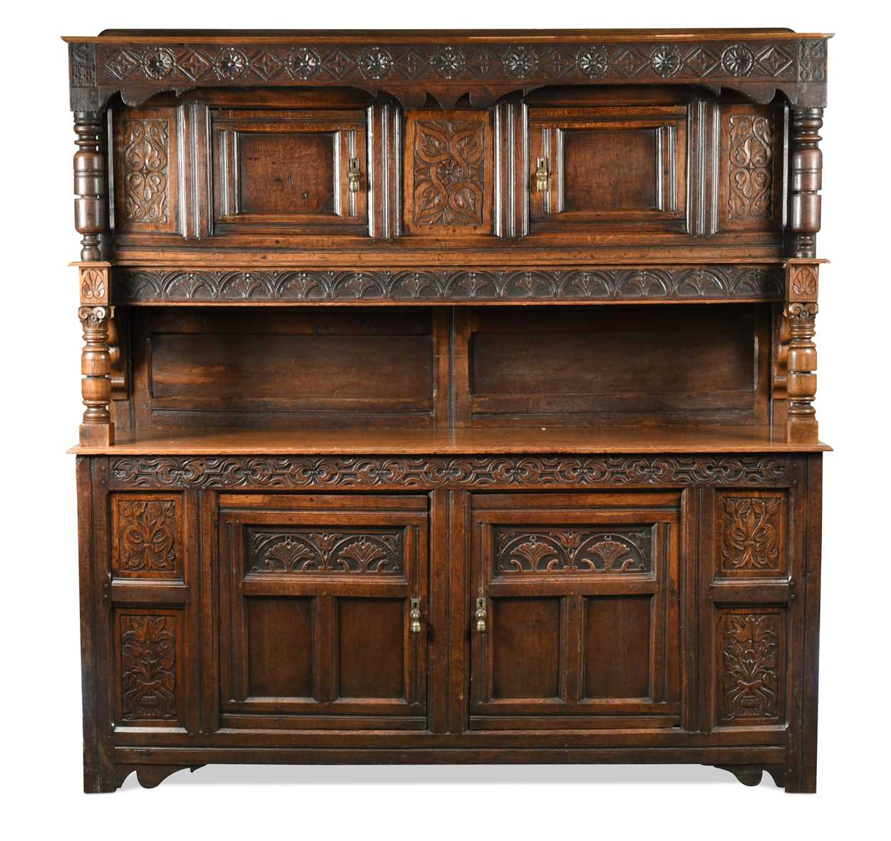 An oak court cupboard, 17th century and later,