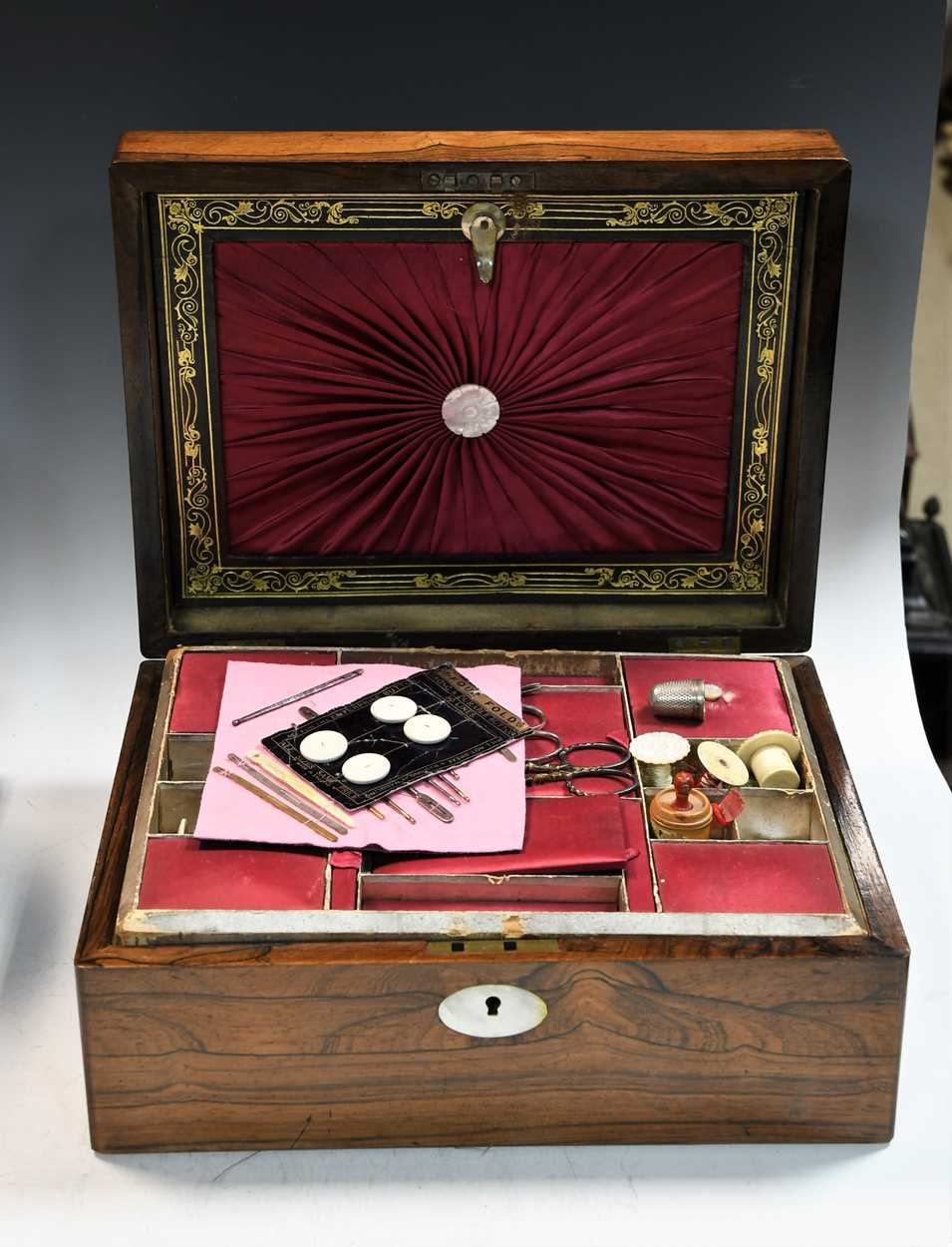 A Victorian rosewood fitted sewing box, - Image 2 of 20