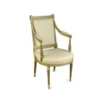 A cream and green painted open armchair, 19th century,
