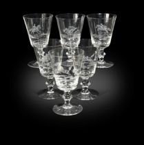 A set of six large equestrian themed wine glasses, 20th century,