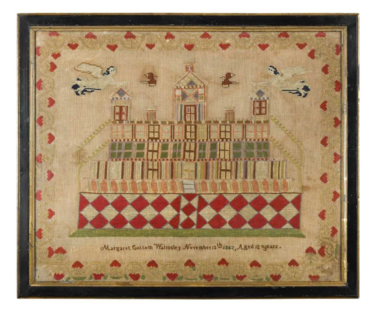 Margaret Cottom Walmsley, a woolwork sampler, 1862,