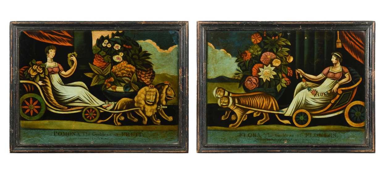 A pair of Regency reverse glass mezzotints of Pomona and Flora,